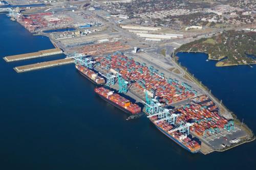 an aerial image of a shipping port